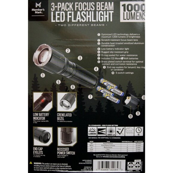 Members Mark 3-Pack Focus Beam LED Flashlights 1000 Lumens IPX4 Spot Flood 60 Hr - Picture 2 of 2